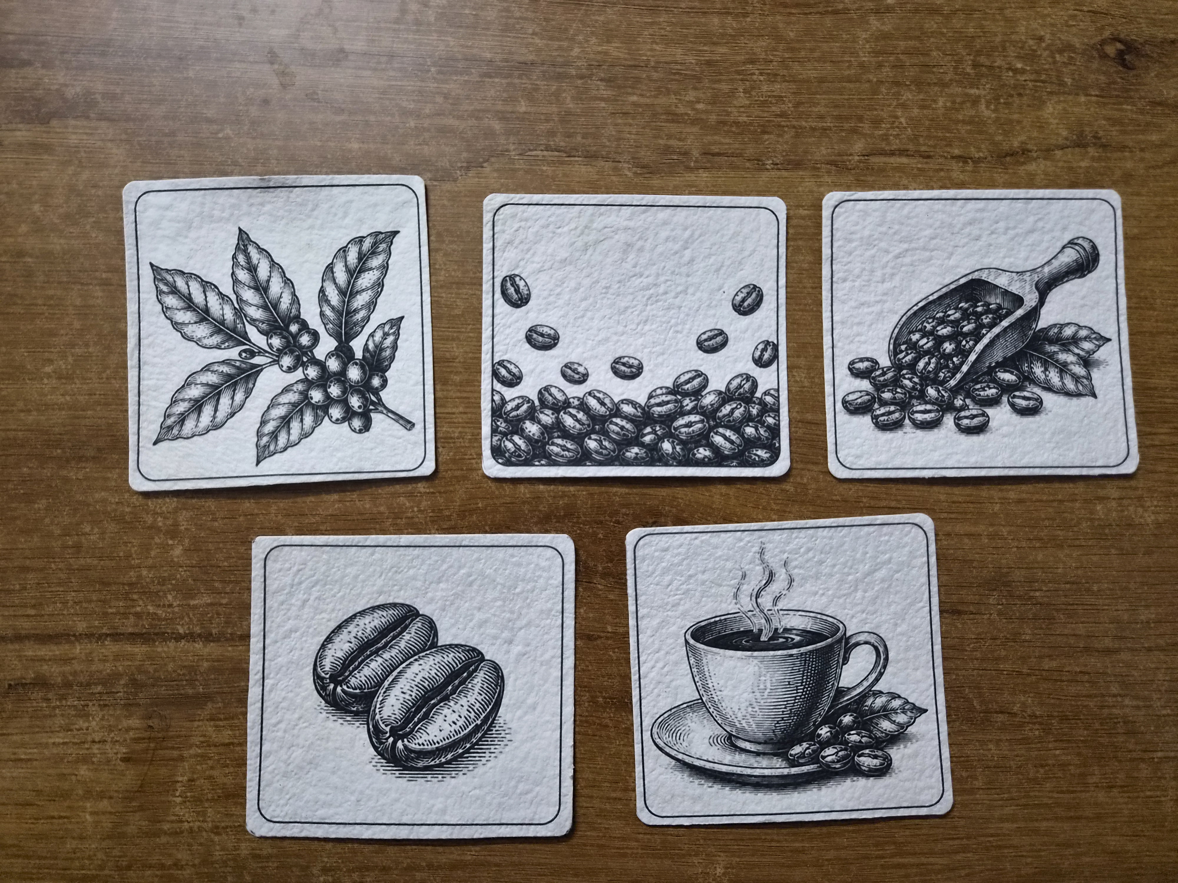 Coffee illustrated handmade paper coasters — full set